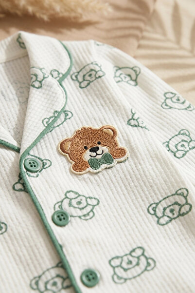 Babydonat Milo Bear Bebek ve Çocuk Fitilli Pijama Takımı - Yeşil Biyeli Ayıcık Baskılı Pamuklu Kaşkorse Takım
