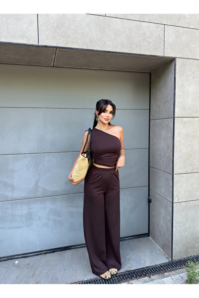 mekabutik Brown One-Shoulder Modal Bottom-Top Set