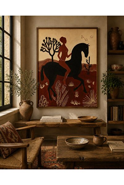 Boho wellness studio Ahşap Çerçeveli Çöl Kadını ve At Soyut Poster Tablo