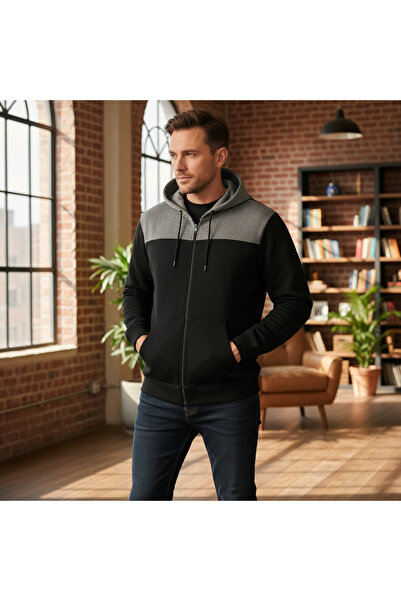 LIVERGY Men's Colorblock Zip-Up Hoodie - Black and Gray