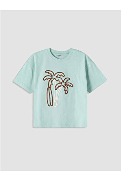 LC Waikiki New Season Green Crew Neck Embroidered Boys' T-Shirt