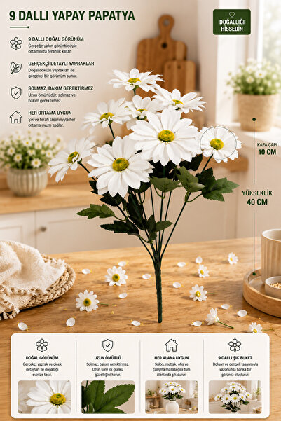 Önder Çiçekçilik 9 Dallı Islak Görünümlü Lüks Yapay Papatya Demeti 40 cm – 10...