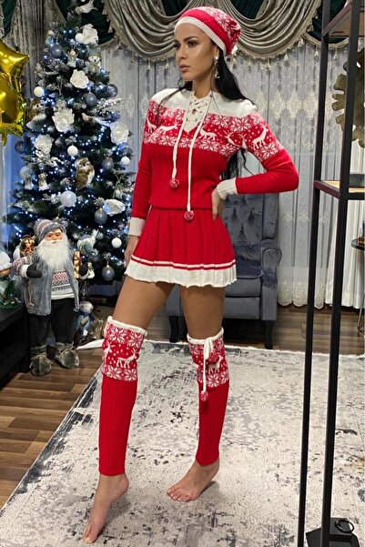 Iuliashop Set tricotat compus dintr-o rochie, jambiere și o căciulă roșie Sin...