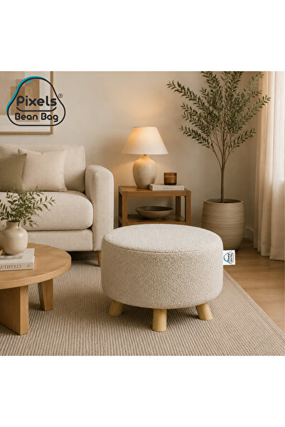 PixelsBeanBag Plexi بين باج Boucle Fabric Round Wide Ottoman Stool, Wooden Ba...