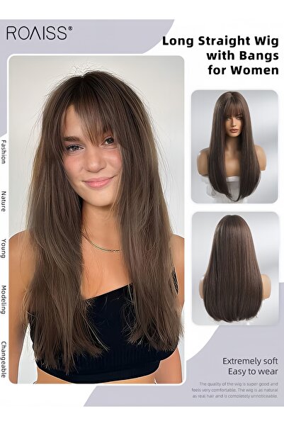 ROAISS Long Straight Wig with Bangs for Women, Natural Soft Synthetic Heat Re...