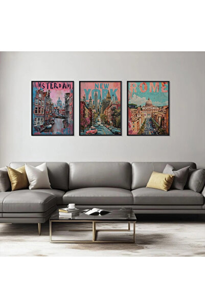 KOLAJTASARIM Set Pop Art World Cities, set de 3 tablouri din lemn cu ramă neagră