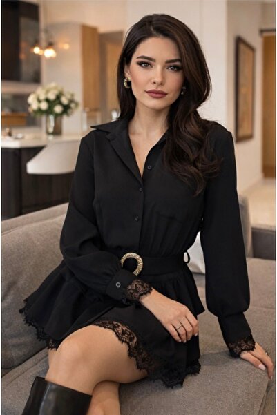 Fashionbox Rochie mini subțire cu guler tip cămașă și detalii din dantelă 261007