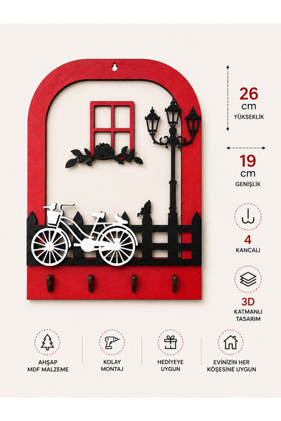 ERGEÇ TASARIM Nostalgic Bicycle Themed Wooden Keychain Hanger 26X19 cm |   De...