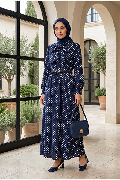 FERHEL Women's Collared, Tie-Waist, Polka Dot Patterned Viscose Cotton Dress ...