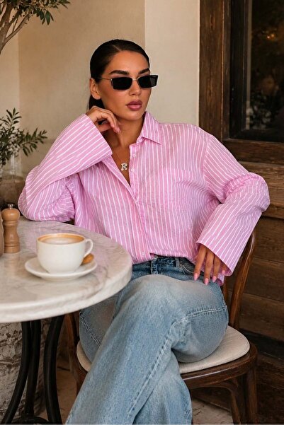 Madmext Pink Striped Sendy Fabric Women's Shirt Mg2834