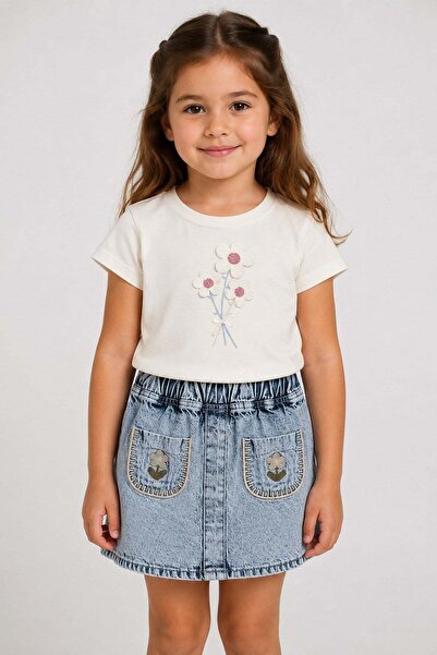 dinamik çocuk Tricou cu broderie florală pentru fete, set de fustă și pantalo...