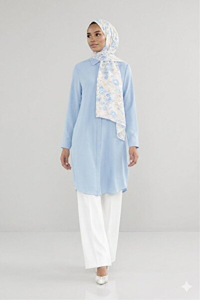 EnModa Women's Terrycotton Hidden Button Boyfriend Long Tunic Shirt & Hijab S...
