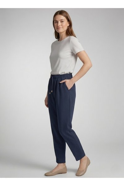 Milera Navy Blue Elastic Waist Lace-Up Comfortable (Classic/Carrot) Cut Double Fabric Trousers
