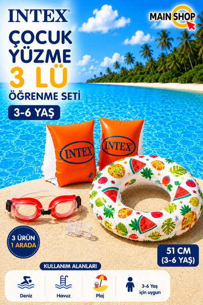 MAİN SHOP Intex 3'lü Çocuk Deniz Havuz Seti - Sevimli Desenli Yüzme Simidi, K...