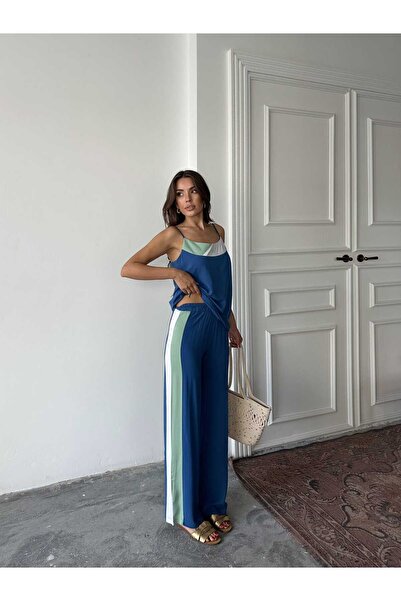 twomeey Women's Cotton Viscose Fabric Strap Blouse and Wide Leg Pants Two-Pie...
