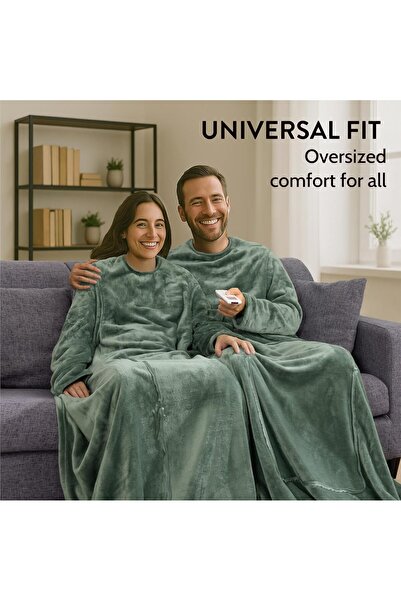 Homelevel Pătură cu mâneci, convertibilă în pernă cu fermoar, 200x150 cm, fleece din poliester, pentru călătorii și acasă, Verde