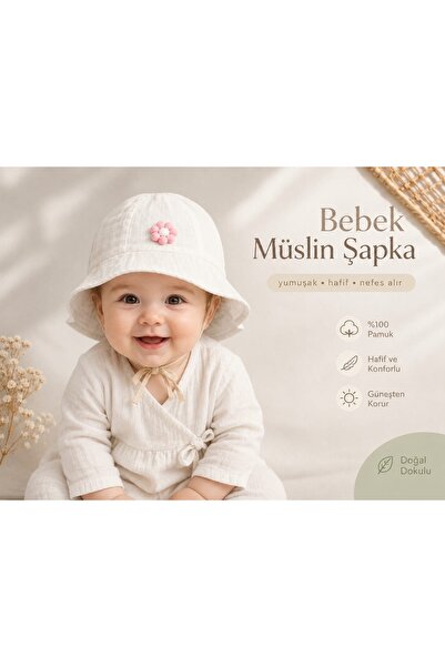 miniboncuk Papatya Detaylı Müslin Bebek Şapka – %100 Pamuk