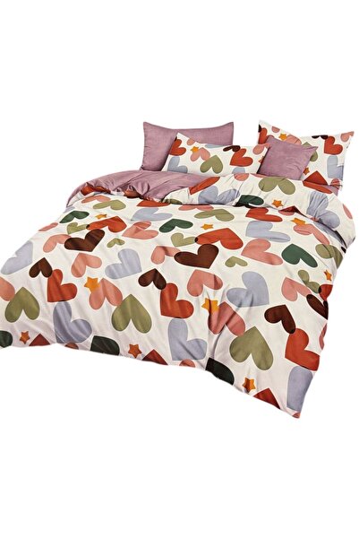 OEM Double bed linen, fine cotton, 6 pieces, white with colorful hearts