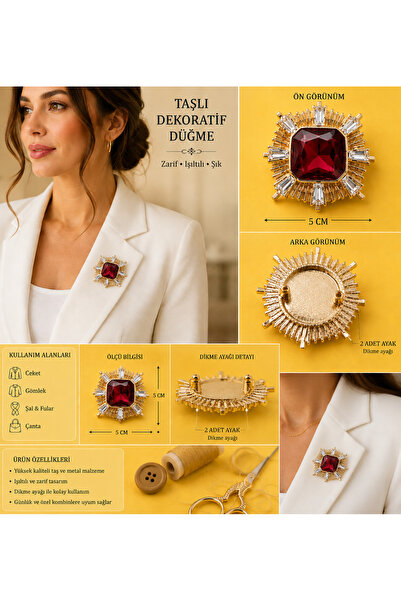 İMREN AKSESUAR Red and White Crystal Stone 5 cm Button 1 Pack 2 Pieces