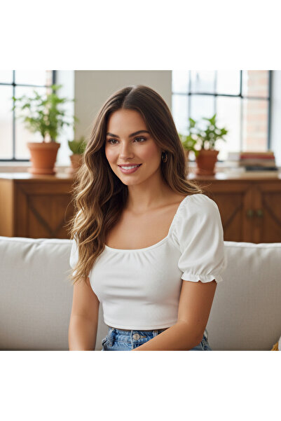 Generic Women's White Ribbed Puff Sleeve Crop Top