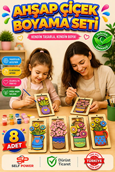 Self Power ÇEŞİTLİ MODELLERDE ŞIK AHŞAP ÇİÇEK BOYAMA SETİ BOYA &FIRÇA DAHİL
