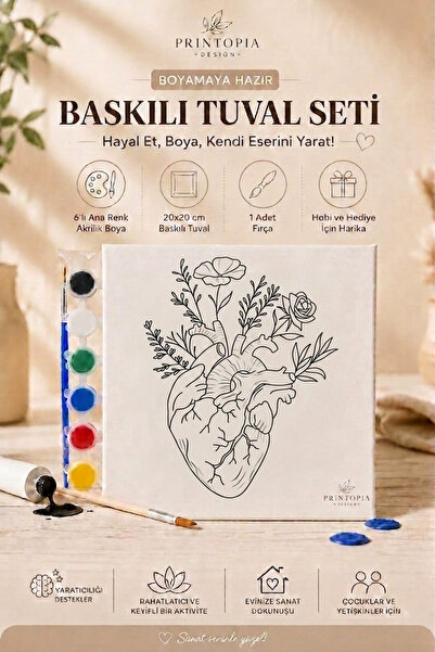 PRİNTOPİA DESİGN Yetişkin Hobi Sanat Aktivite Seti – 20x20cm Baskılı Kanvas T...