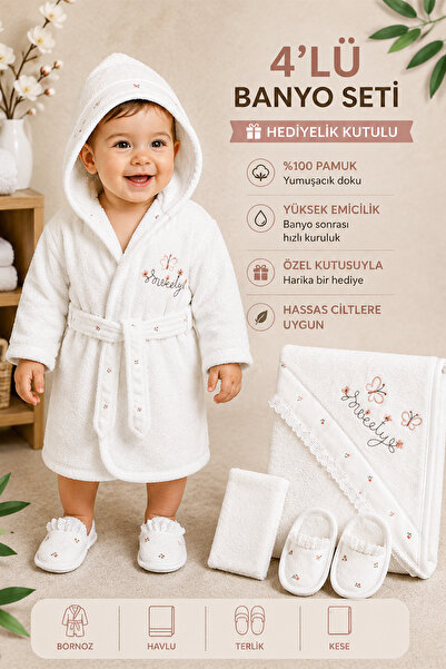 Sitilin Kız Bebek Lüks Premium Dantelli Bornoz Havlu Takımı %100 Pamuk yenido...