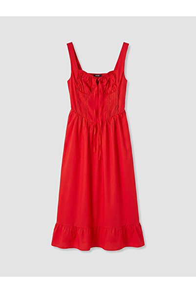 LC Waikiki Nevavm Heart Collar Ruffle Waist Fitted Dress