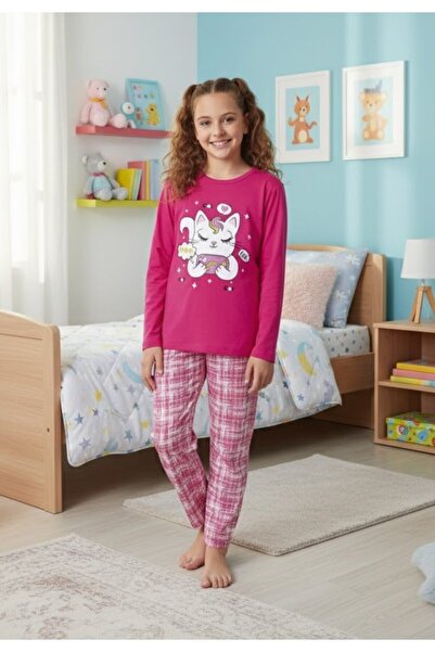 Serena Girls' Pajamas, Long Sleeve, Long Pants, Kitty Print, Pink