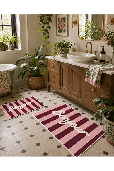 Evmila Burgundy Striped Bonjour Written Bath Mat with Dot Base and Velvet Top