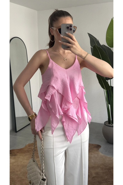 asfamoda Women's Pink Flywheel Detailed Strappy Blouse Loose Chiffon Look Ruf...