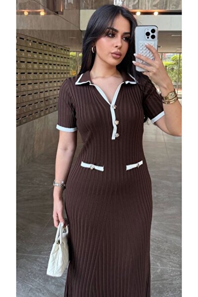 Ware Women's Stylish Buttoned Double Color Detailed Dress