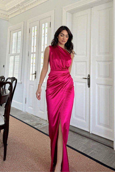 ALFUDO Moda Collection Fiona Tek Kol Drapeli Saten Siyah Abiye