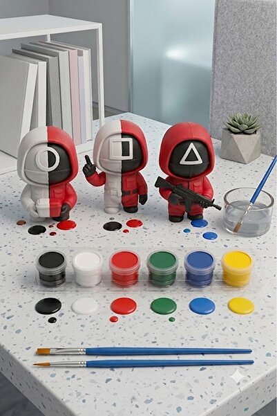 PRİNTELLA Squid Game Boyama Seti - 3 Figür, 6 Renk Canlı Akrilik Boya ve 2 Ad...