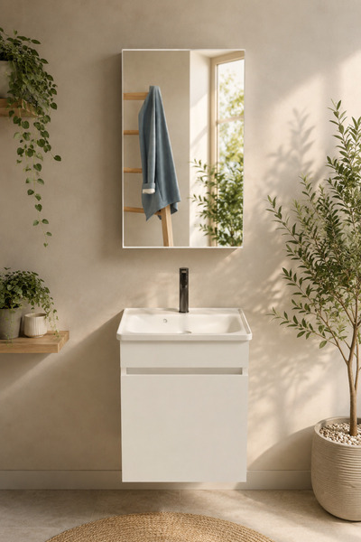 makbulce Şefaatli 45 cm MDF Seramik Lavabolu Aynalı Banyo Dolabı
