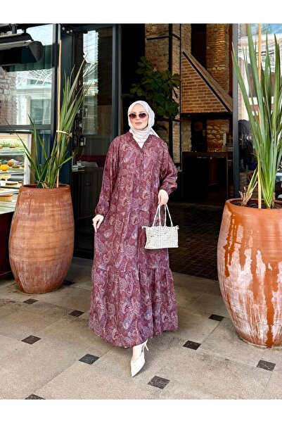 ALLİNOFFİCİAL Şal Desen Modal Elbise Bordo