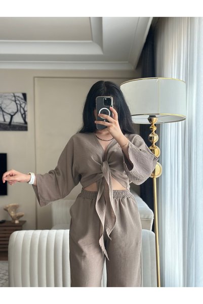 YELZEY BUTİK Front Tie Linen Suit
