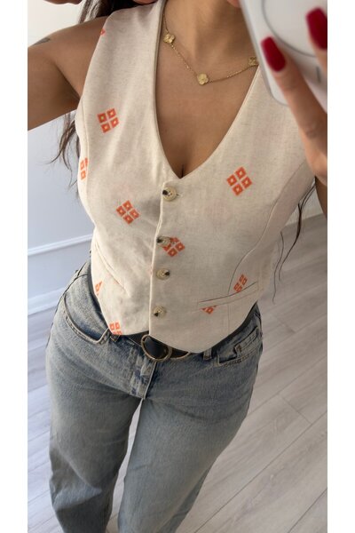 Daves Orange Ethnic Patterned Embroidered Woven Vest