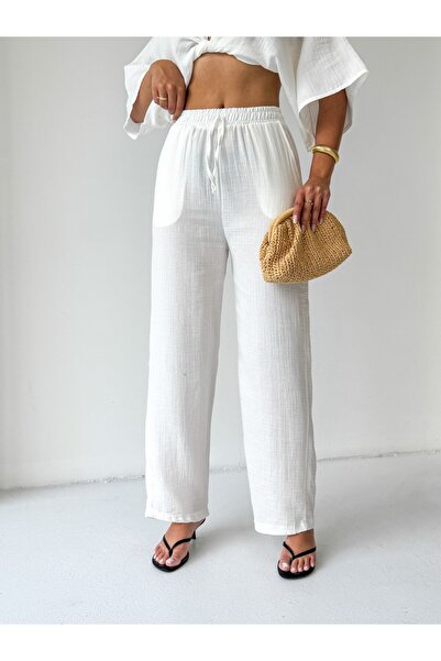 CrepTekstil Crep Women's Muslin Trousers – Lace-Up Elastic Waist 100% Cotton ...