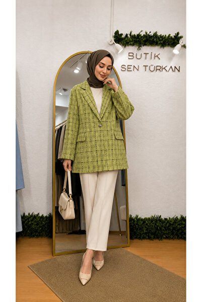 YAREN CLARA Green Plaid Patterned Tweed Blazer Jacket
