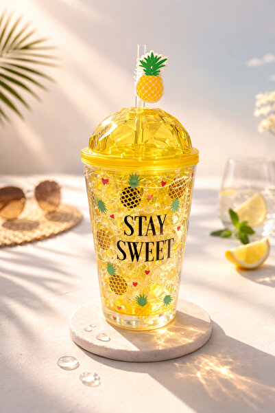 Two Two Patterned Double Layer Cold Drink Cup with Straw and Lid 500 ml | Des...