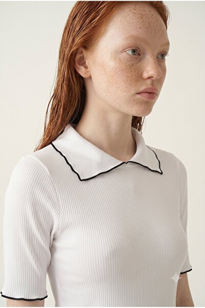MOVİMENT White Polo Collar Detailed Women's Knitted Blouse - Regular Fit Blouse