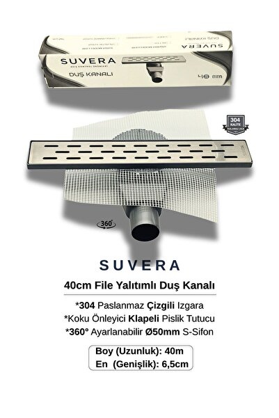 Suvera 40CM Paslanmaz Izgaralı (File Yalıtım Kitli) Koku Önleyici Klapeli Duş...