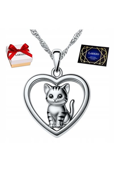 Larezo 925 Silver Necklace, Heart Pendant With Kitten And Zircons For Women, ...