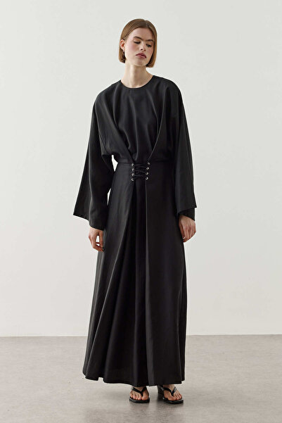 Fahhar Tencel Dress with Eyelet Detail on the Front, Black