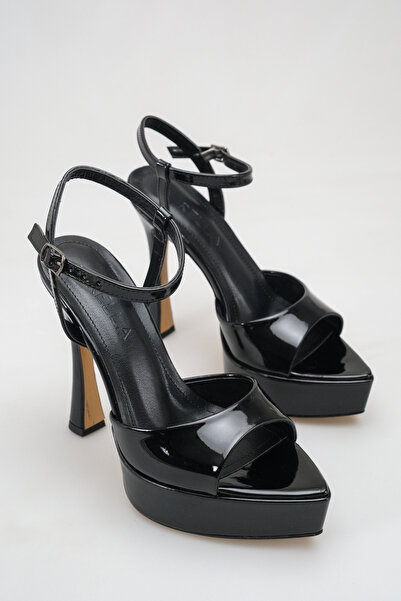 PİCCOLO Black Patent Leather Platform Heeled Evening Dress Shoes Ankle Strap ...