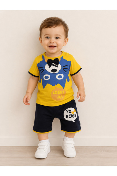 pio Kids Boys' Summer Suit with Bow Tie, Printed Shalwar Shorts, and Detaille...