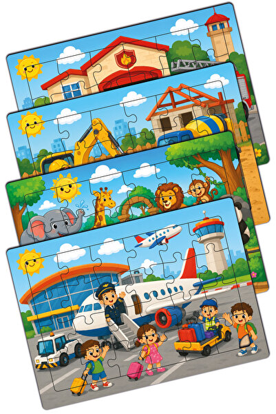 minİQ toys Minikler Keşif Serisi 2/5 AHŞAP 4'lü Yapboz Seti(Havaalanında-Hayv...