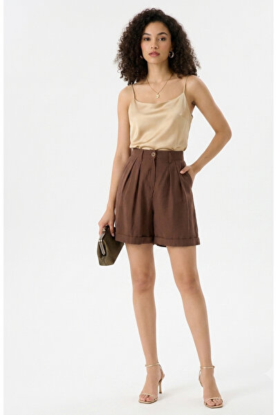 MAİMODA Women's Modal Fabric Pleated High-Waist Bermuda Shorts with Hem Detai...