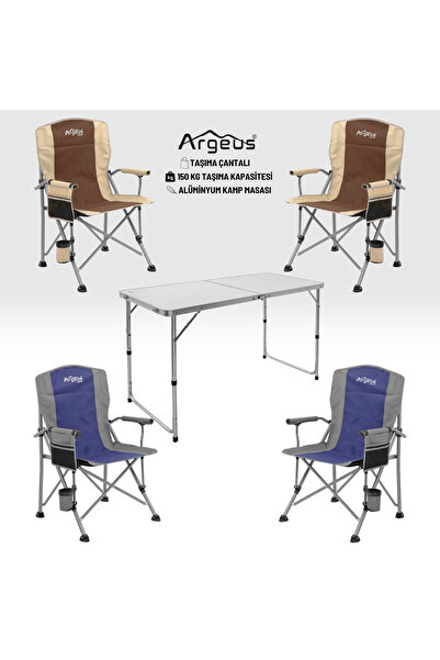 ARGEUS 4 Adet Katlanır Kamp Sandalyesi ve Alüminyum Masa Seti - Rustic - Elev...
